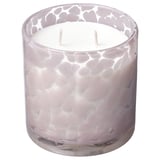 Lavender-colored glass candle with textured design, two wicks, jasmine scent. Handmade, sits upright.