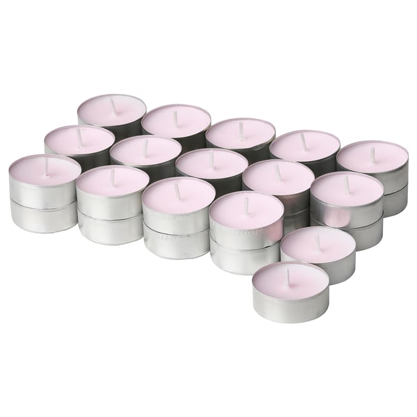 Group of 20 pink LUGNARE scented candles in silver cups.