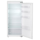 White fridge with glass shelves open, ready for food storage.
