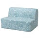 Option: A LYCKSELE MURBO two-seat sofa-bed with a blue patterned cover. It geometric designs and offers comfortable seating and sleeping options.