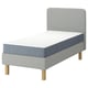 Simple grey bed with light grey mattress, wooden legs, and headboard.