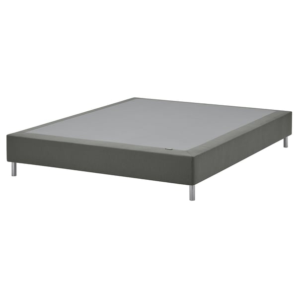 The LYNGÖR gray bed base a modern, low-profile design with a sturdy frame, metal legs, and a removable, washable fabric cover.