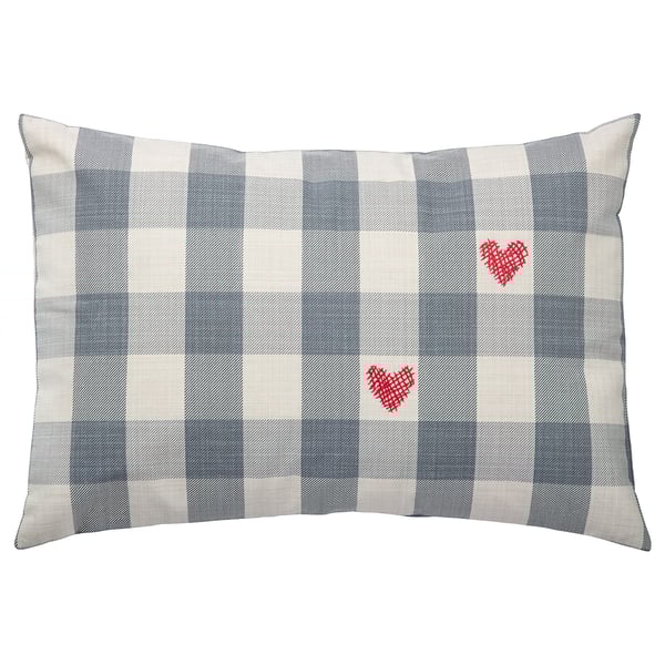 MÄVINN blue and white checkered pillow with red hearts, hand-embroidered.