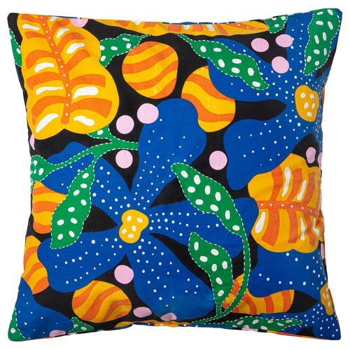 MÄVINN cushion cover: bright floral design, multicoloured on black, embroidered edges, square shape.