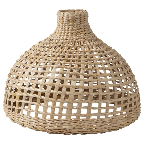 Hand-woven lamp shade, natural color, banana fibers, conical shape, lattice design.