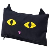 Black cat-shaped pouch with yellow eyes, pink nose, zipper mouth, and pointy ears. Made of cotton, perfect for small items.