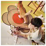 Person sitting, cutting paper with scissors; cat jumping on braided jute rug with red center by MÄVINN.