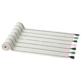 A MÄVINN white cotton runner with green and pink stripes, hand-tied tassels, rectangular shape.