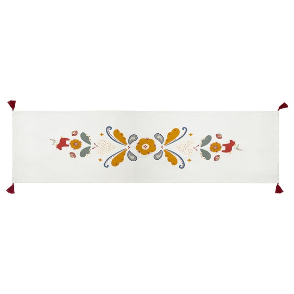 MÄVINN table-runner, white with colorful hearts and dala horses, cotton, rectangular, embroidered and printed.