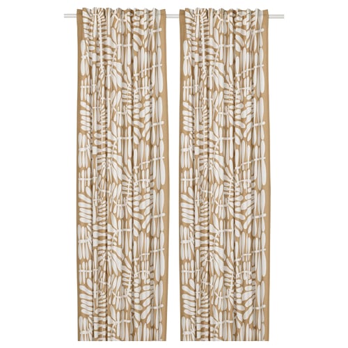 MAJSMOTT curtains, beige with white abstract leaf pattern, hang straight, made of cotton for a natural look.
