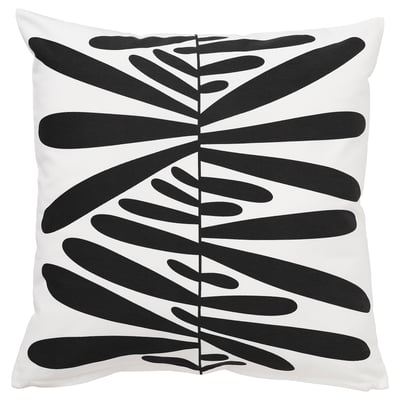 MAJSMOTT cushion: bold black abstract leaf design on white cotton square pillow.
