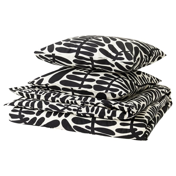 MAJSMOTT bed set, black-white leaf pattern, cotton-blend, 4-piece design.
