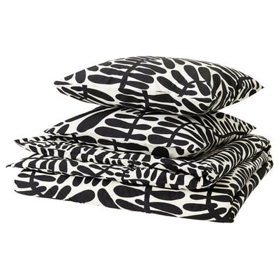 MAJSMOTT bed set, black-white leaf pattern, cotton-blend, 4-piece design.