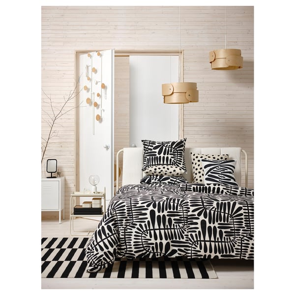 MAJSMOTT Duvet cover and 2 pillowcases, off-white/black, 240x220/50x60 cm