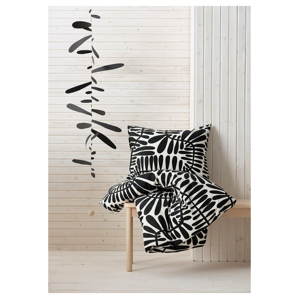 MAJSMOTT Duvet cover and 2 pillowcases, off-white/black, 240x220/50x60 cm