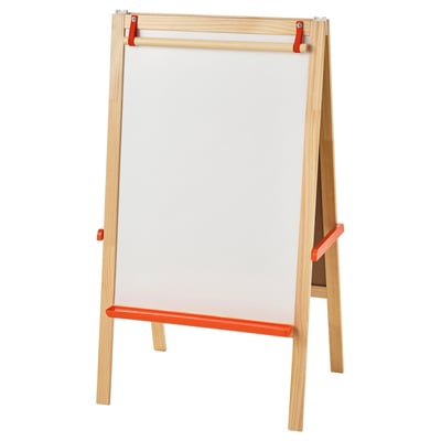 An orange-and-wood kids art easel with a whiteboard surface.
