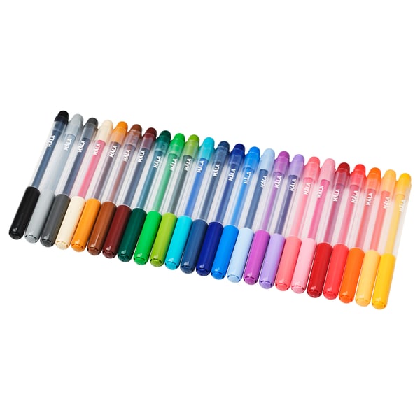 Brightly colored set of 24 MÅLA felt-tip pens, neatly arranged, featuring various hues; designed for easy grip and non-toxic use.