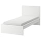 White MALM bed, modern minimalist design with high headboard, foam mattress, clean lines.