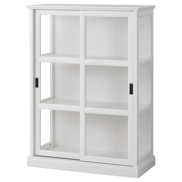 A white MALSJÖ display cabinet with glass doors. It has a rectangular shape and open shelves for storage.
