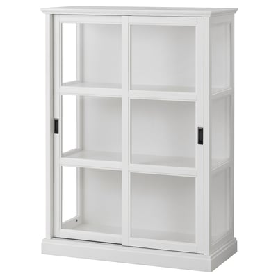 A white MALSJÖ display cabinet with glass doors. It has a rectangular shape and open shelves for storage.