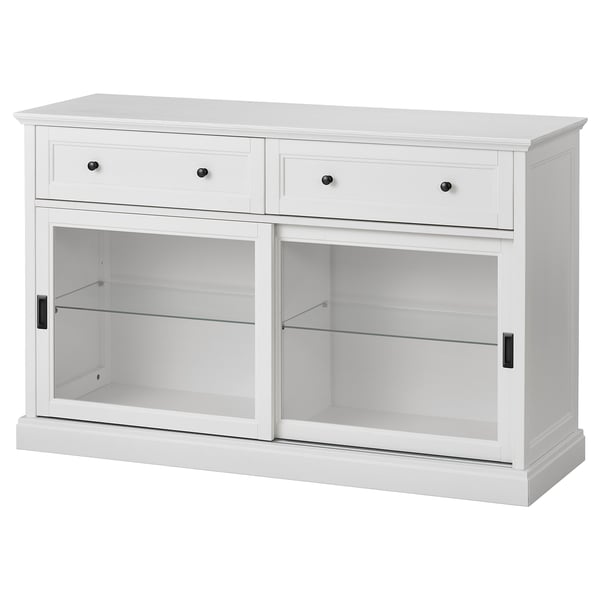 A white MALSJÖ cabinet with two drawers and two glass doors, designed with a classic aesthetic.