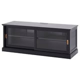 Black tv bench named MALSJÖ. It has glass sliding doors, a flat top, and adjustable shelves. The design is sleek and modern.