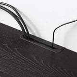 Black tv bench with adjustable shelves, sliding glass doors, and built-in cable management.