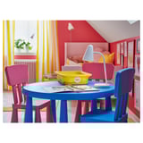 Kids colorful outdoor table set with blue table, pink and purple chairs, featuring a bright yellow container and a white lamp.