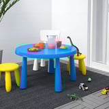 Bright blue MAMMUT kids table & yellow stools, small and colorful, plastic, perfect for playtime.