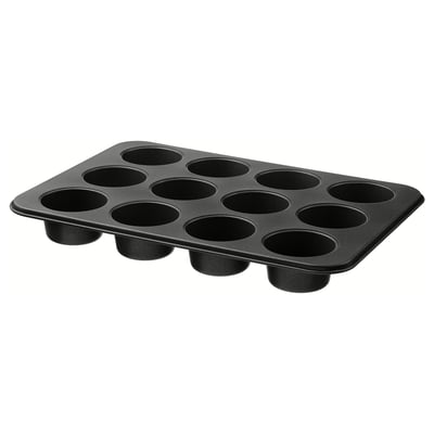Black rectangular muffin tin by IKEA, with 12 round cups for baking small treats, made of galvanized steel with non-stick coating.