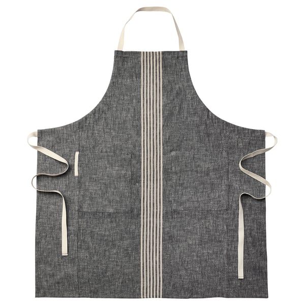 MARIATHERES grey apron, linen-cotton blend, stripe design, adjustable straps, front pockets, hanging loop.
