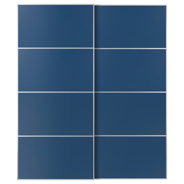 Blue sliding closet doors with aluminum & fiberboard, sleek design, soft-close.