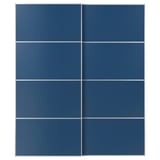 Blue sliding closet doors with aluminum & fiberboard, sleek design, soft-close.