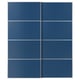 Blue sliding closet doors with aluminum & fiberboard, sleek design, soft-close.