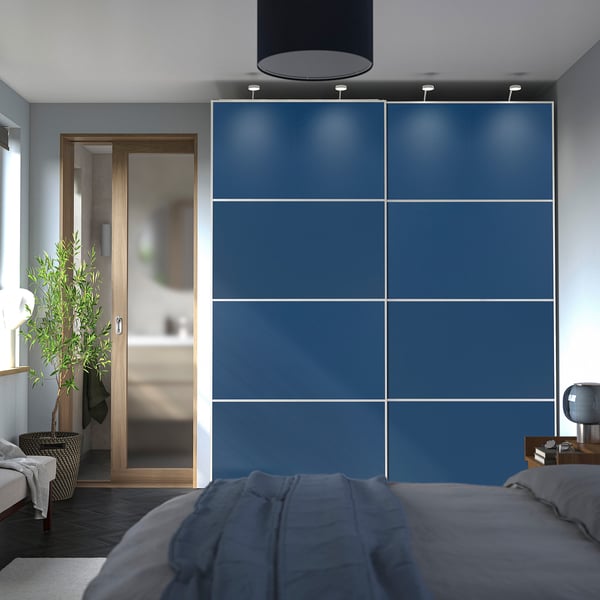 MEHAMN Pair of sliding doors, aluminium/double sided blue, 200x236 cm