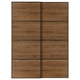 Displays a set of MEHAMN sliding doors in a walnut finish, featuring a sleek, rectangular design with a grid pattern and soft-closing mechanism.