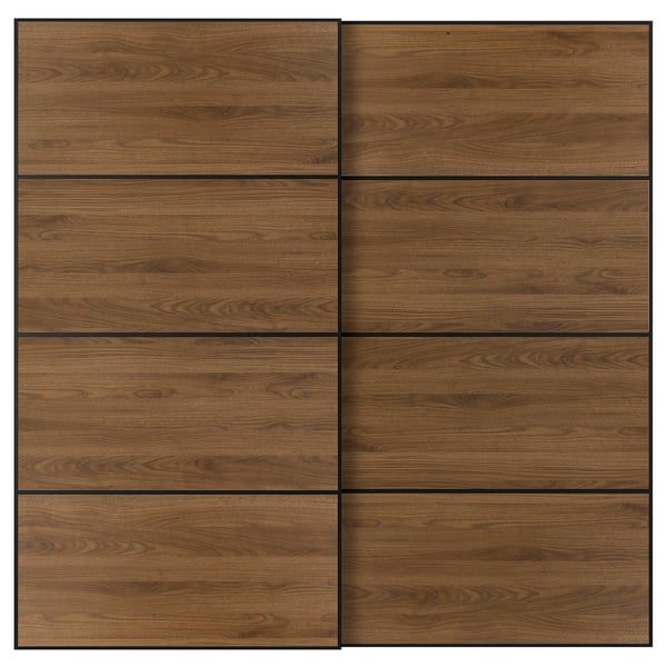 Wooden bifold doors, 4 panels each, varied grain, sleek modern look, warm finish, black frame.