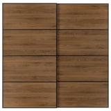 Wooden bifold doors, 4 panels each, varied grain, sleek modern look, warm finish, black frame.