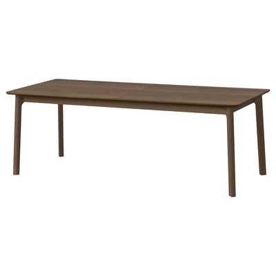 An extendable MELLANSEL dining table in dark brown. It classic design, rectangular shape, and sturdy oak veneer material.