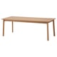 A rectangular light wooden dining table with clean lines and natural finish. It four splayed legs and can be extended to seat more people.