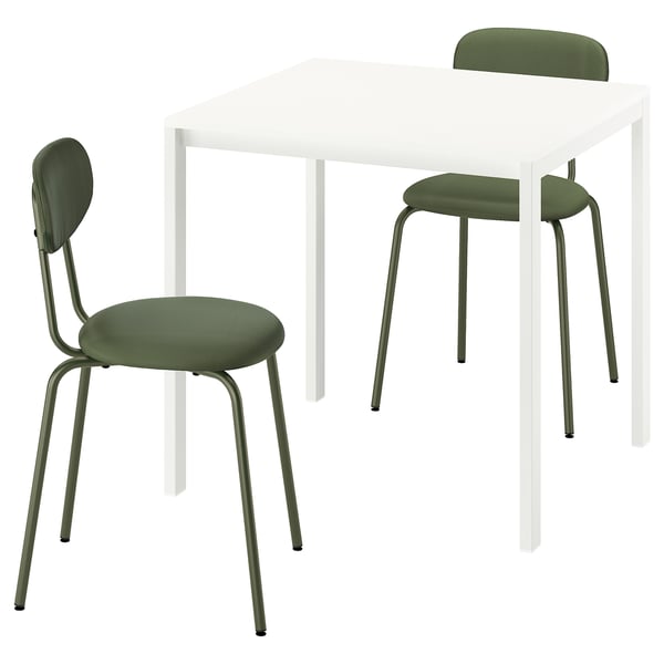 Small MELLTORP white dining table set with green chairs, modern design.