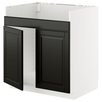 METOD kitchen cabinet: black beveled doors, white body, square shape, modern design.