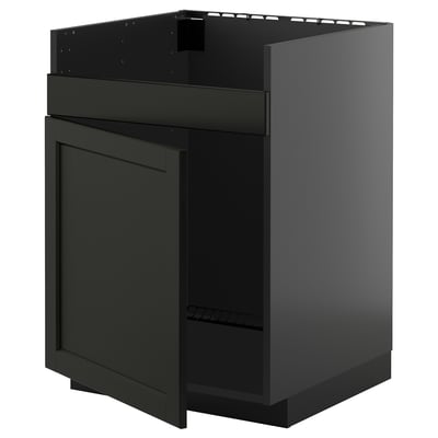 Black METOD kitchen cabinet with bevelled edges and wooden door. Square, modern design.