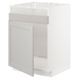 White METOD kitchen cabinet with light grey lerhyttan fronts, rectangular.