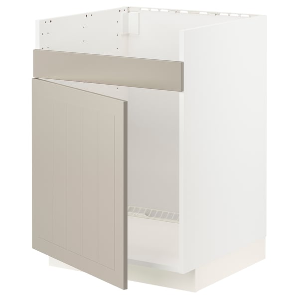 A white METOD kitchen cabinet with beige stensund fronts, featuring a single door and a wire shelf inside.