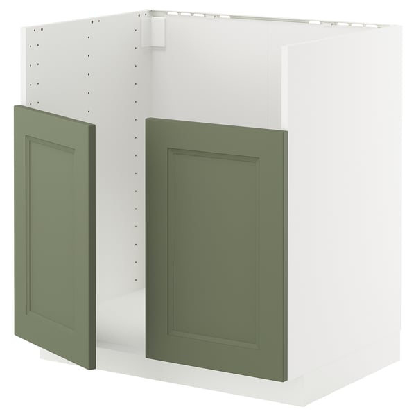 METOD kitchen unit with grey-green axstad doors. White base, square shape, modern design.