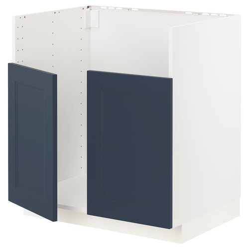 Extreme close-up of white METOD kitchen unit with blue doors, sleek design, two doors open, modern style.