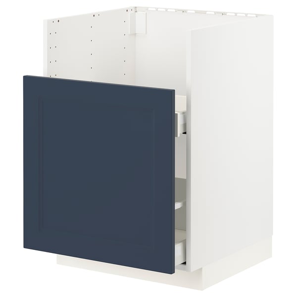 Modern kitchen cabinet in blue with white frame. Smooth-running drawers and a sturdy construction.