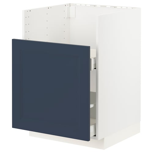 Modern kitchen cabinet in blue with white frame. Smooth-running drawers and a sturdy construction.