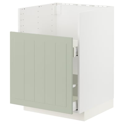 This image shows a light green METOD kitchen cabinet with two drawers and a plain door. The design is simple and sturdy.